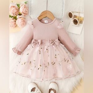 Baby Girl Blush Pink Tulle Dress with Floral Embroidery & Bow Details –Size 3–6M